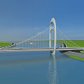 Modern Cable Stayed Bridge Structure Spanning Water With Green Grass And Blue Sky Reflection
