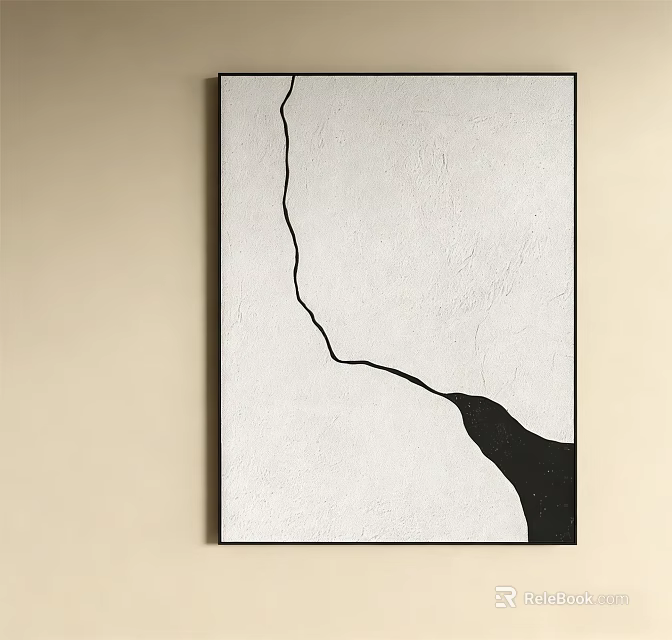 Abstract Black White Wall Art With Curved Line And Textured Surface On Beige Wall 3d model 