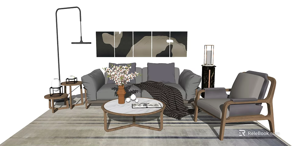 Gray Sofa And Round Coffee Table Set With Throw Pillows Blanket Flower Vase Wall Art 3d model