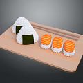 Fresh Traditional Japanese Salmon Sushi and Onigiri on Wooden Serving Tray