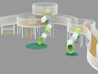 Modern Playground Equipment With Multi Level Platforms Green Slides And White Railings 3d model
