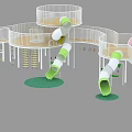 Modern Playground Equipment With Multi Level Platforms Green Slides And White Railings