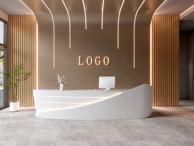 Modern Front Desk Reception With White Curved Desk Wooden Panels Logo Lighting And Green Plant 3d model