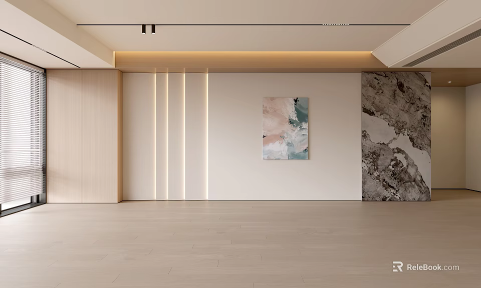 Modern Living Room Interior With Beige Walls Abstract Painting And Marble Accent Wall 3d model 