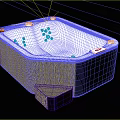 Square Shaped Bathtub With White Interior Wooden Exterior Massage Jets And Wooden Step