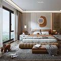 Modern Bedroom Interior With Large Bed Circular Decor Wardrobe And Area Rug 3d model