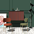 Orange Green Accent Chairs With Green Wall Red Cabinet Flamingo Painting Floor Lamp Wooden Floor