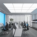 Modern Office Interior Design With Workstations Ergonomic Chairs Blue Accent Wall And Large Windows 3d model