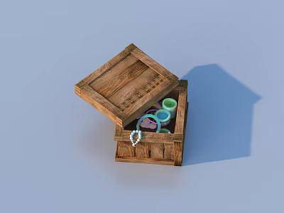 Open Wooden Box Containing Colorful Rings And Keychain For Daily Essentials 3d model