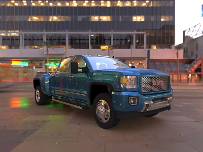 Blue GMC Truck Parked On City Street With High Rise Buildings And Night Lights 3d model