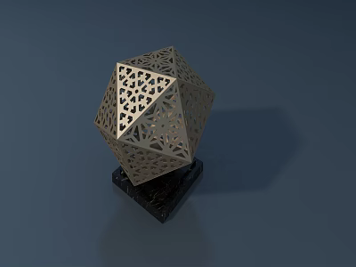 Artistic Polyhedral Metallic Sculpture With Intricate Hollow Patterns On Black Base 3d model