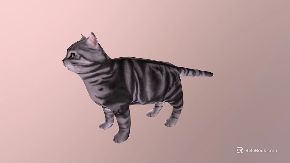 Gray Striped Cat Standing On Light Pink Background With Realistic Features 3d model 