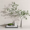 Decorative Ornament Set With White Vase Green Branches Small Candle Black Tray And Book
