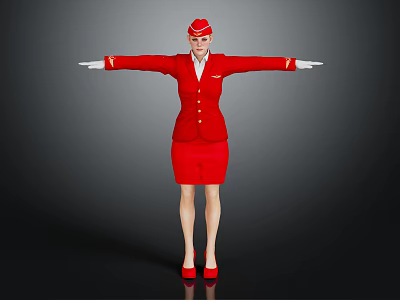Full Body Stewardess In Red Uniform Standing With Arms Outstretched Against Dark Background 3d model