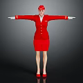 Full Body Stewardess In Red Uniform Standing With Arms Outstretched Against Dark Background
