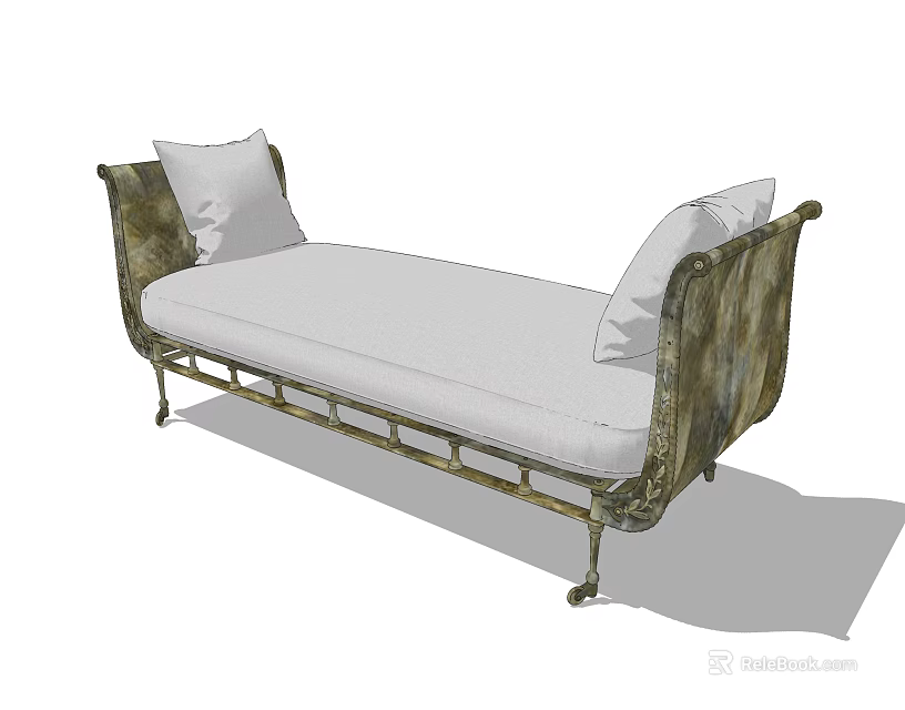 Elegant Ottoman With Upholstered Seat Decorative Pillows And Vintage Metal Frame 3d model 