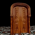 Wooden Double Doors With Intricate Carvings Flanked By Decorative Columns And Colorful Geometric Floor Tiles
