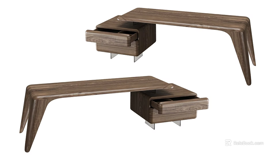Modern Walnut Wooden Office Desk With Drawers And Metal Legs Design 3d model 