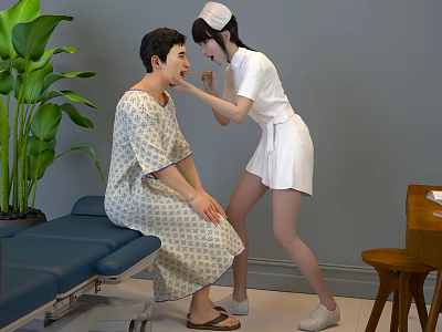 Nurse Checking Patient In Medical Examination Room With Green Plant And Bed 3d model