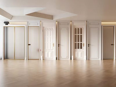 Modern Room Interior Featuring Multiple White Doors with Various Designs and Wooden Flooring 3d model
