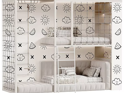 Modern White Kids Bunk Bed With Cute Cartoon Printed Safety Fence For Cozy Small Bedroom 3d model