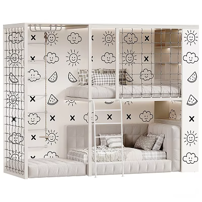 Modern White Kids Bunk Bed With Cute Cartoon Printed Safety Fence For Cozy Small Bedroom 3d model