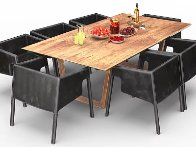 Rustic Wooden Dining Table Set With Black Chairs Fruits And Drinks 3d model