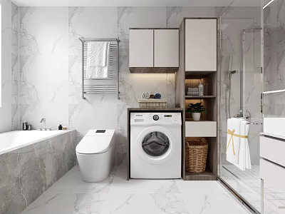 Modern Bathroom Interior With Marble Walls Bathtub Toilet Washing Machine And Cabinets 3d model