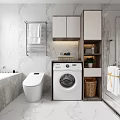 Modern Bathroom Interior With Marble Walls Bathtub Toilet Washing Machine And Cabinets