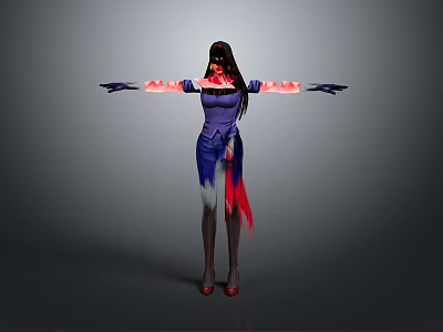 Dark Haired Character With Purple Top Blue Skirt And Red Bioluminescent Arms Against Grey Background 3d model