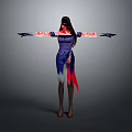 Dark Haired Character With Purple Top Blue Skirt And Red Bioluminescent Arms Against Grey Background