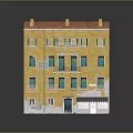 Cartoon Scene Featuring Yellow Building With Red Roof Green Doors And Balconies