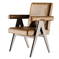 Tan Leather Upholstered Leisure Chair With Wooden Legs And Modern Design