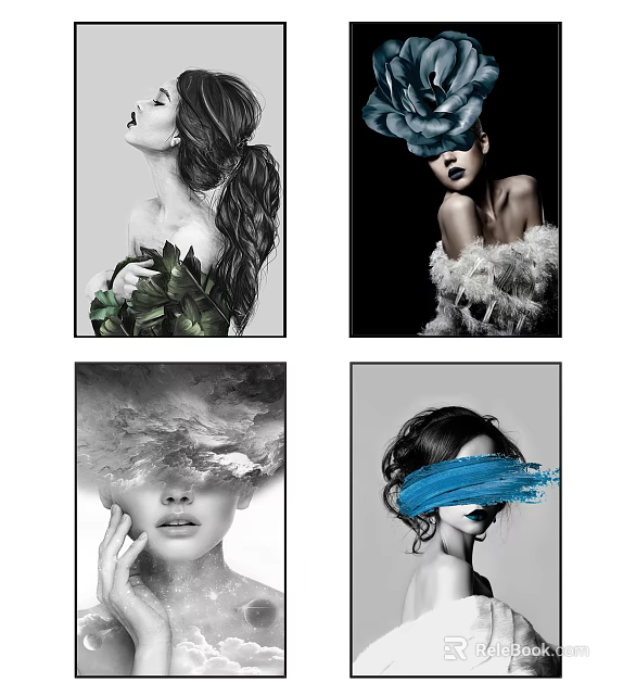 Artistic Portrait Paintings Featuring Black White Colorful Feathers Leaves And Abstract Strokes 3d model 