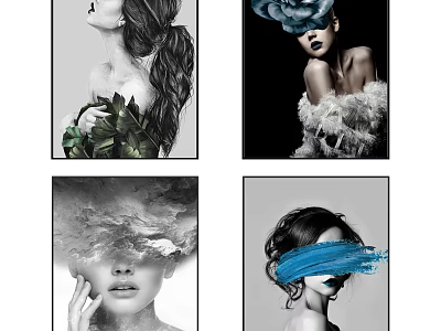 Artistic Portrait Paintings Featuring Black White Colorful Feathers Leaves And Abstract Strokes 3d model