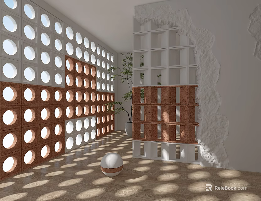 White And Brown Room Divider With Circular Holes And Light Shadows On Wooden Floor 3d model 