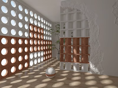 White And Brown Room Divider With Circular Holes And Light Shadows On Wooden Floor 3d model