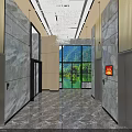 Modern Elevator Lobby With Marble Walls Large Windows And Lake Mountain View 3d model