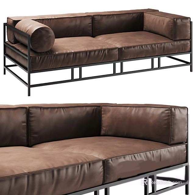 Brown Leather Double Sofa With Sturdy Black Metal Frame Modern Design 3d model