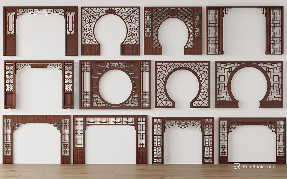 Traditional Wooden Door Arches With Intricate Carved Patterns And Various Designs 3d model 