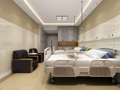 Modern Hospital Room Interior With Bed Chair Cabinet And Tiled Walls 3d model