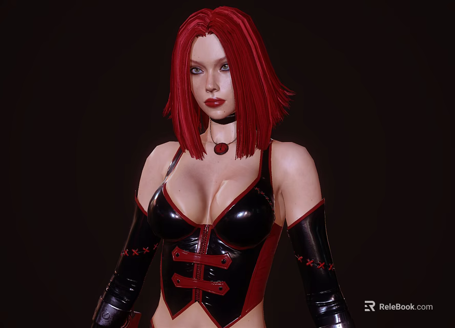Portrait of a Woman with Red Hair in Black Leather Corset Red Accents and Necklace 3d model 
