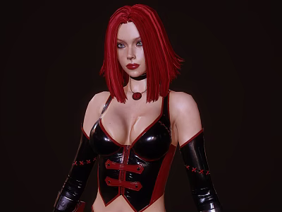 Portrait of a Woman with Red Hair in Black Leather Corset Red Accents and Necklace 3d model