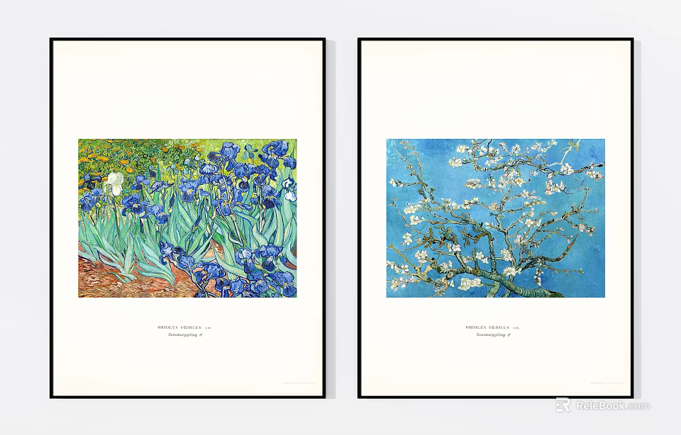 Van Gogh Paintings Irises And Almond Blossoms In White Framed Wall Art 3d model 