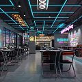 Modern Restaurant Interior With Neon Lights Open Layout Tables Chairs Stage And Wall Posters