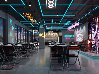 Modern Restaurant Interior With Neon Lights Open Layout Tables Chairs Stage And Wall Posters 3d model
