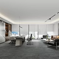 Spacious Modern Office Interior Design With Large Windows Desk And Sofa Area 3d model