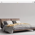 Modern Double Bed Setup With Leather Headboard Soft Striped Bedding And Gray Linen