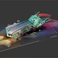 High Speed Futuristic Police Car with Red Lights Rocket Thrusters and Dynamic Light Effects