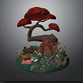 Mushroom Shaped Cottage With Wooden Fence Bench Picnic Mat Stones And Rabbit